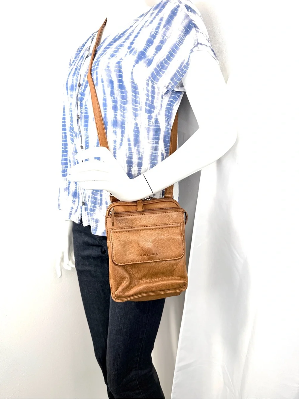 Fossil Tan Textured Leather Small Shoulder Crossbody Bag Organizer sl8751